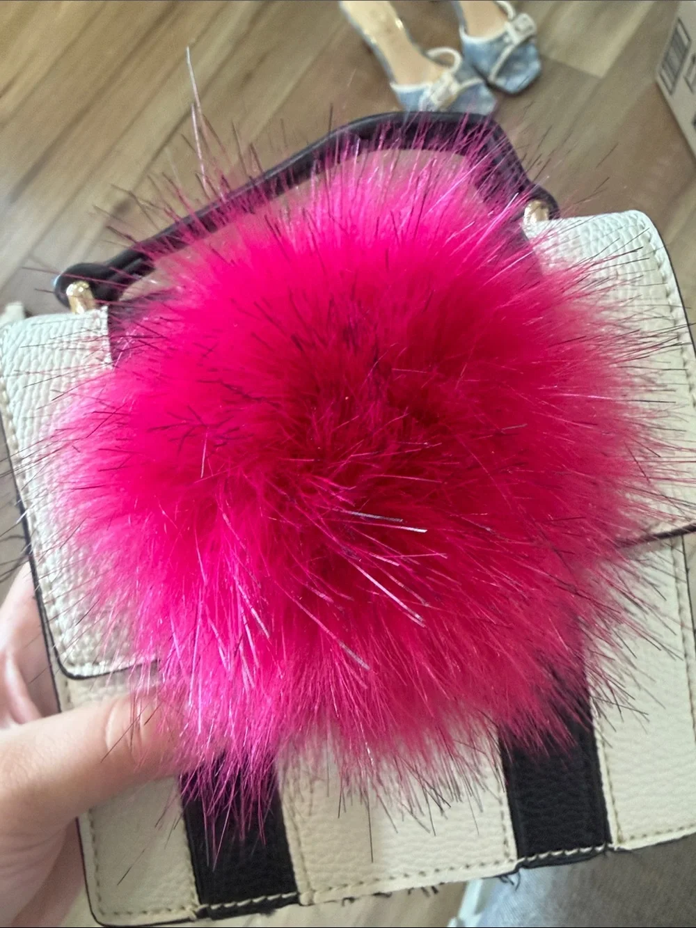 Hot Pink Faux Fur Pom-Pom Accent Crossbody Bag